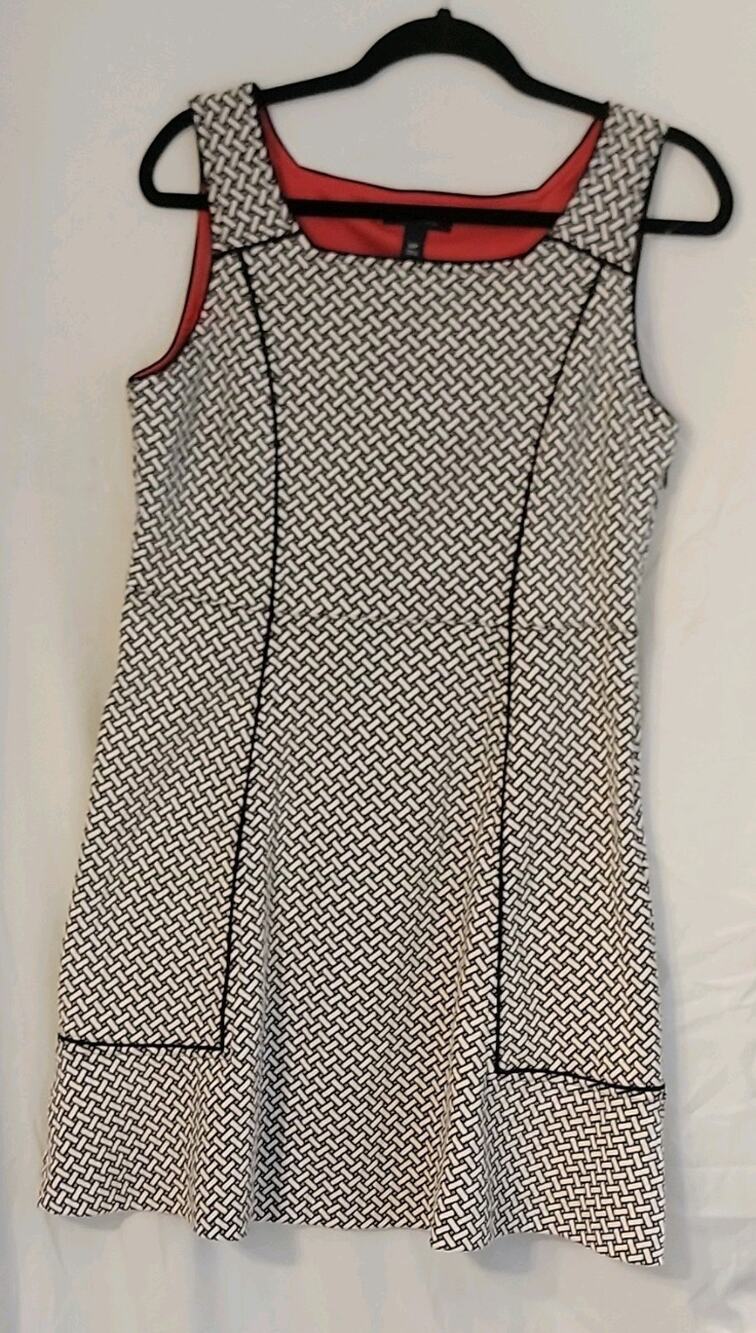Lands' End A-Line Dress 12P Square Neck Sleeveless Knee Geometric Black White